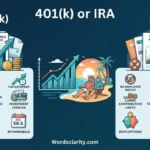 Add the exact headline **“401(k) or IRA”** prominently and clearly. Add **“Wordzclarity.com”** at the **centre bottom** of the image. 401k or IRA