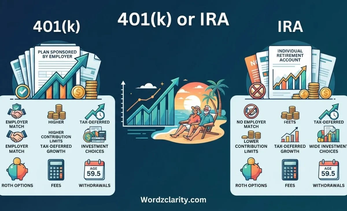 Add the exact headline **“401(k) or IRA”** prominently and clearly. Add **“Wordzclarity.com”** at the **centre bottom** of the image. 401k or IRA